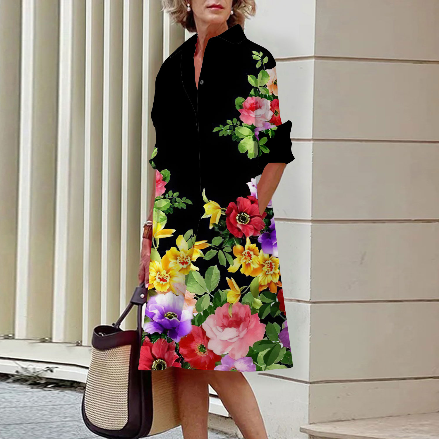 Midi Skirt Floral - รูปแบบดอกไม้เสื้อชุดผู้หญิงฤดูร้อนสบายๆแขนยาว Midi ชุดอารมณ์สูงแฟชั่น Street เสื้อ