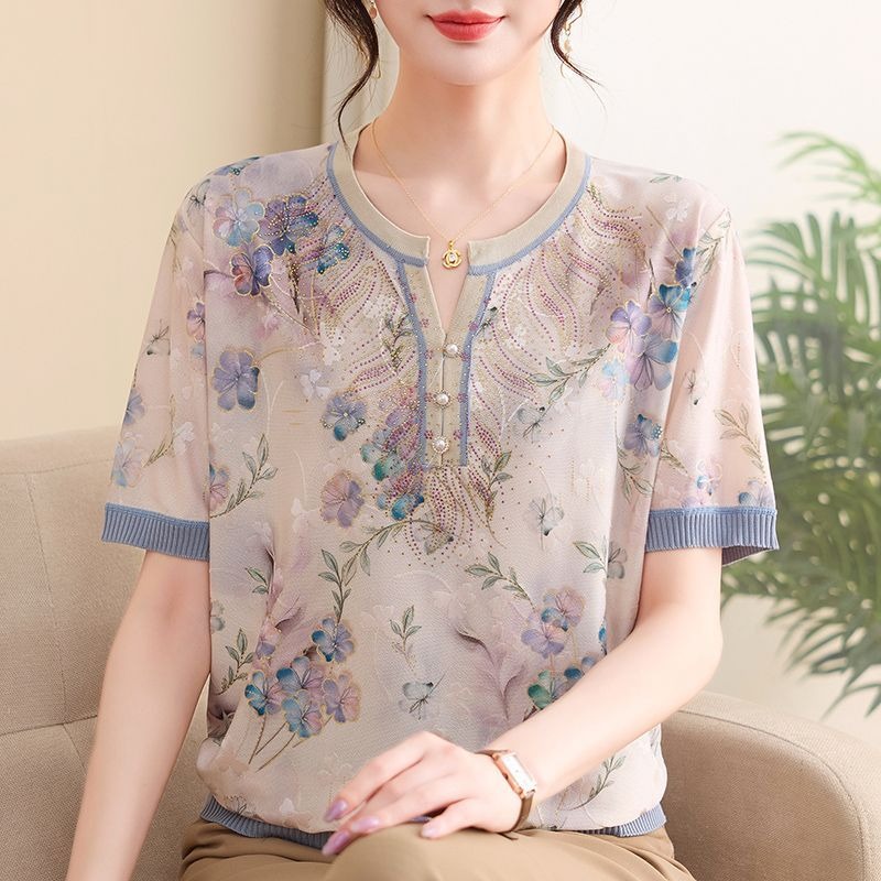 Romper Floral Print - เสื้อไหมพรมผู้หญิงลายดอกไม้ แขนสั้น คอวี สไตล์ลำลอง สำหรับคุณแม่สุดหรู ใส่สบายในฤดูร้อน