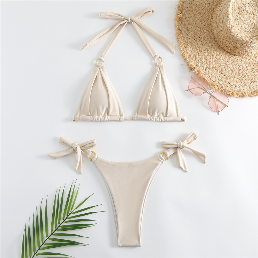 Swimsuit Bikini Ruched - ชุดว่ายน้ำบิกินี่ไมโครแบบผูกโบว์สีขาว ชุดว่ายน้ำเซ็กซี่แบบผูกเชือก ชุดว่ายน้ำผู้หญิงแบบมีห่วงโลหะ ชุดบิกินี่ 2025