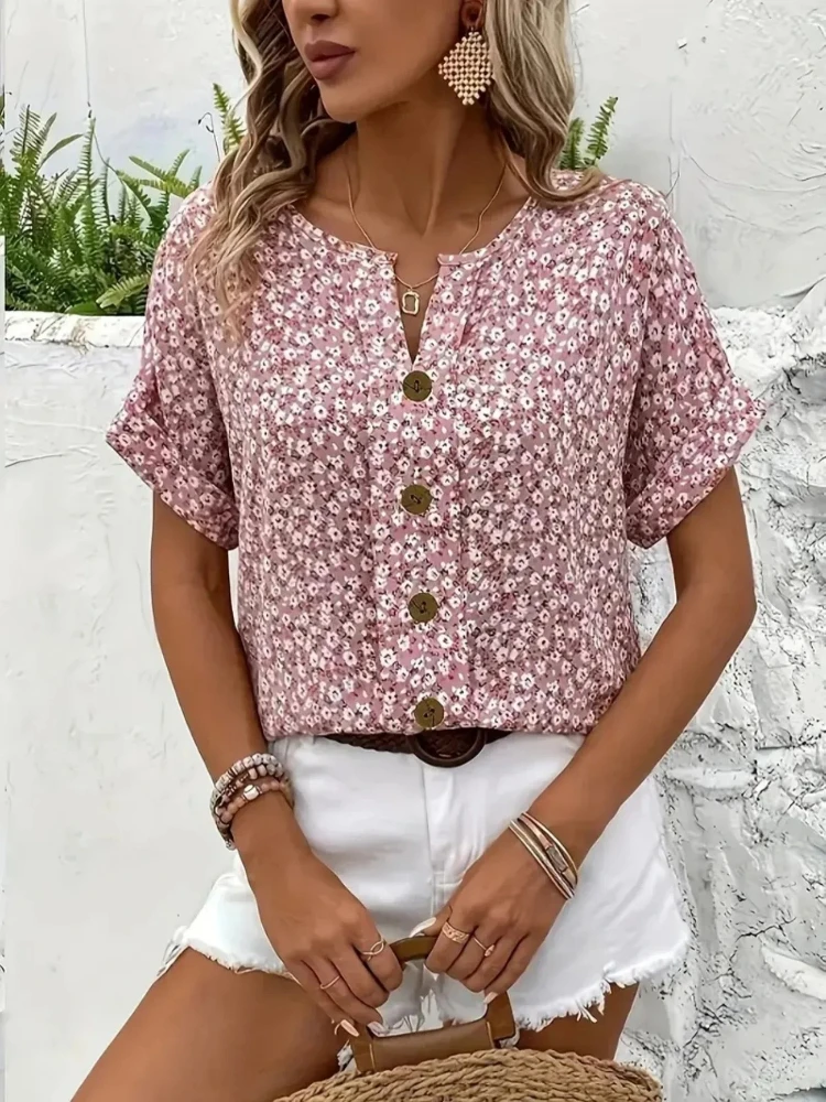 Romper Floral Print - พลัสขนาดเสื้อผู้หญิง 2025 ฤดูใบไม้ผลิฤดูร้อนใหม่แฟชั่นสบายๆดอกไม้พิมพ์Vคอเสื้อแขนสั้นเสื้อผ้าสไตล์เกาหลี