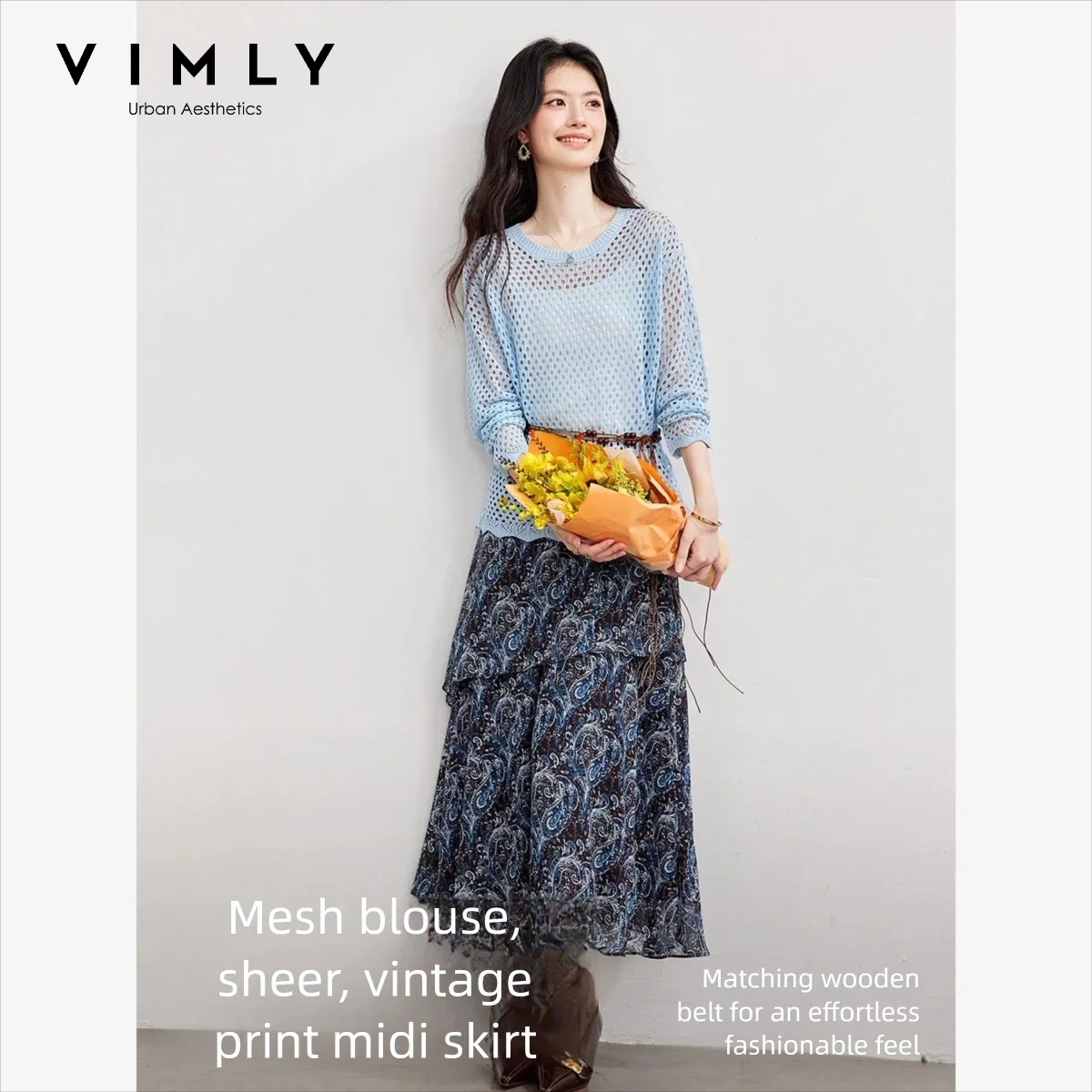 Midi Skirt Floral - ชุดเซ็ตสองชิ้นสำหรับผู้หญิง VIMLY แฟชั่นฤดูใบไม้ร่วงปี 2026 ชุดทำงานสีน้ำเงินแบบหรูหรา เสื้อพูลโอเวอร์แบบโปร่งลายพิมพ์