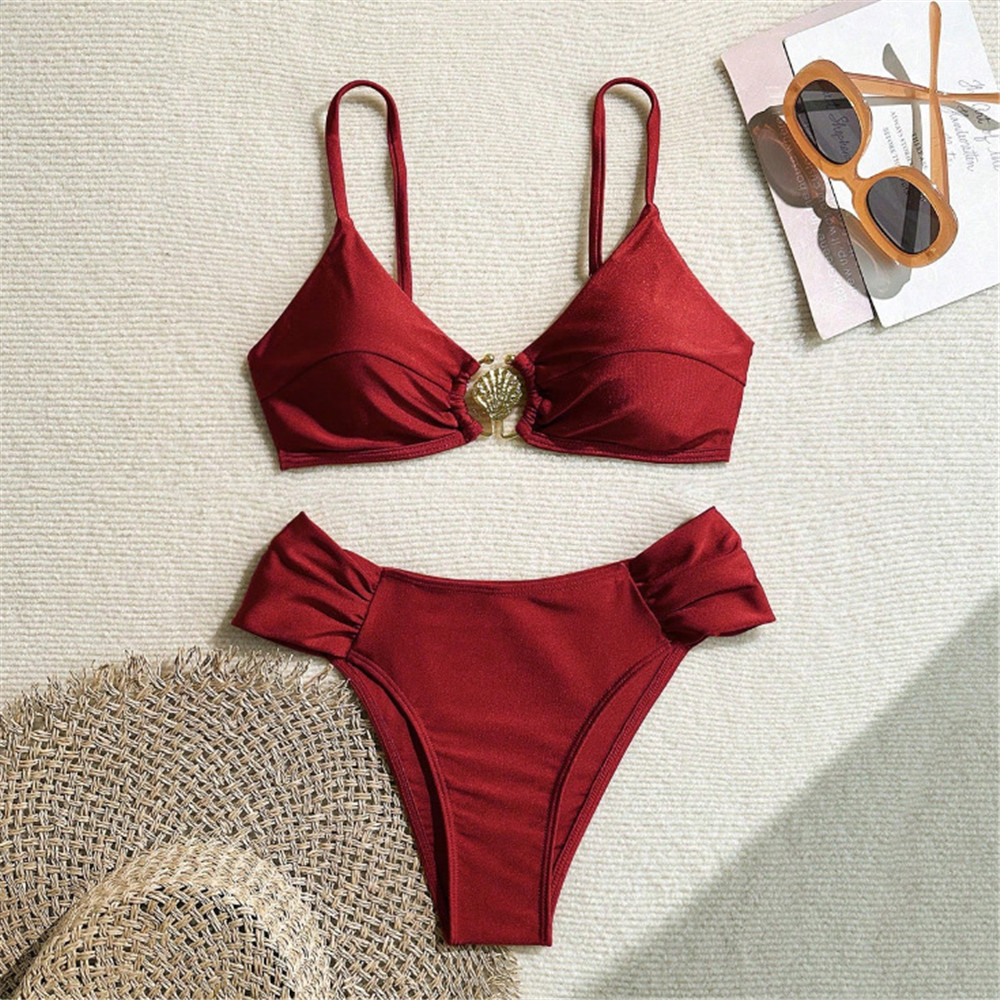 Swimsuit Bikini Ruched - ชุดว่ายน้ำบิกินี่สีแดงไวน์แบบเซ็กซี่ โครงสร้างโลหะ รุ่นปี 2026 แบบรัดรูป ชุดว่ายน้ำสำหรับผู้หญิง