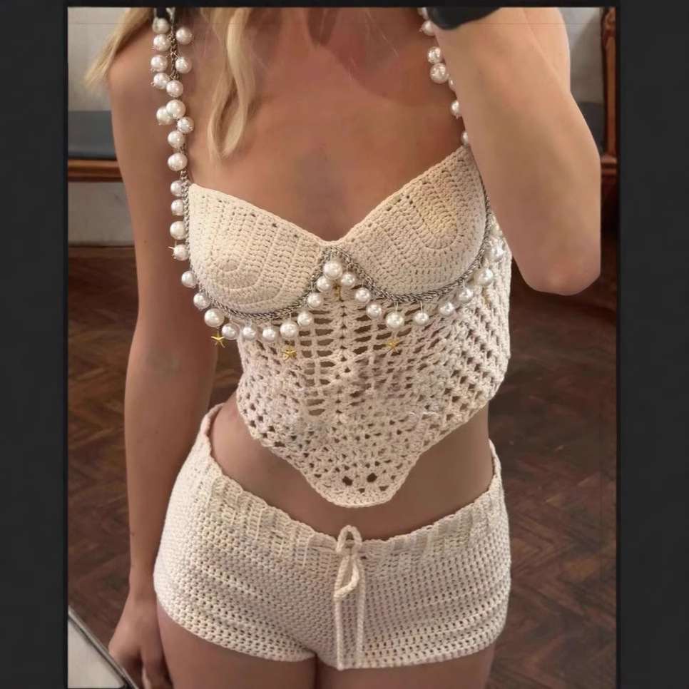 เซ็กซี่ประดับด้วยลูกปัดโครเชต์ - Crop Top Crochet บทวิจารณ์และราคา