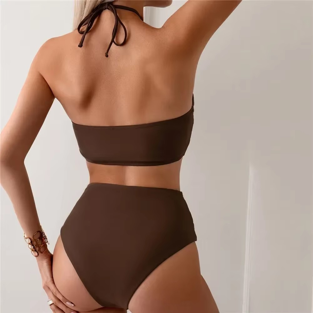 ชุดว่ายน้ำบิกินี่สีน้ำตาลเข้มแ - Swimsuit Bikini Ruched บทวิจารณ์และราคา