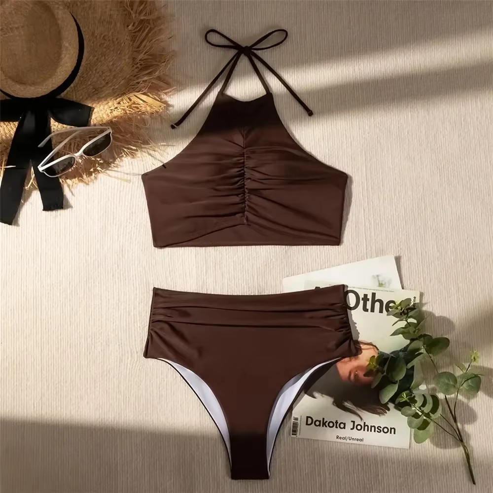 ชุดว่ายน้ำบิกินี่สีน้ำตาลเข้มแ - Swimsuit Bikini Ruched บทวิจารณ์และราคา
