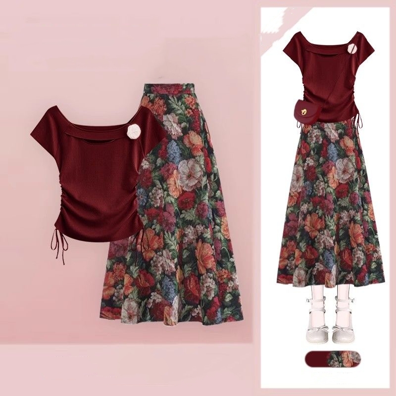 ผู้หญิง Lucky ไวน์แดงเสื้อยืดก - Midi Skirt Floral บทวิจารณ์และราคา